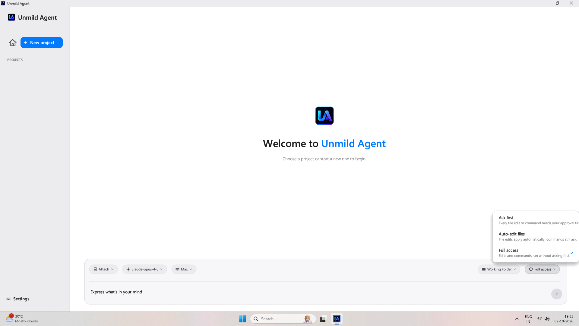 Unmild Agent welcome screen with brand mark